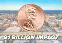 Graphic of a penny over the Greenville skyline reading "$1 Billion Impact"